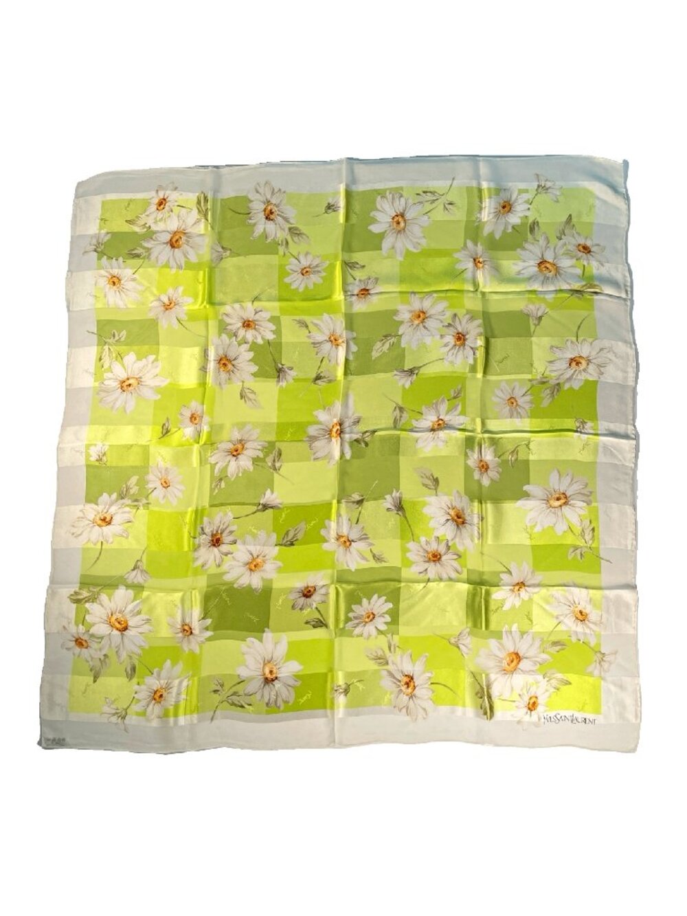 Vintage Yves Saint Laurent Silk Chiffon Scarf Daisy Floral 34” Sheer Rolled Hem